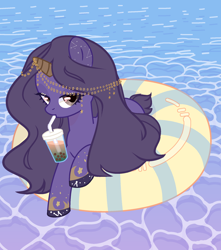 Size: 1800x2040 | Tagged: safe, artist:jelisicli, oc, oc only, oc:urania, pony, bubble tea, constellation, constellation pony, female, floaty, horn, horn jewelry, jewelry, long mane, looking at you, mare, ocean, short tail, solo, stars, tail