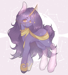 Size: 1900x2100 | Tagged: safe, artist:phroogus, oc, oc only, oc:urania, pony, unicorn, clothes, constellation, constellation pony, cutie mark, horn, long mane, looking at you, scarf, short tail, smiling, solo, stars, tail, translucent