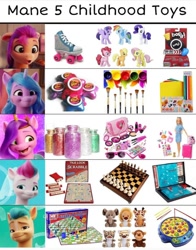 Size: 716x912 | Tagged: safe, applejack, fluttershy, hitch trailblazer, izzy moonbow, pinkie pie, pipp petals, rainbow dash, rarity, sunny starscout, twilight sparkle, zipp storm, alicorn, earth pony, pegasus, pony, unicorn, g5, barbie, bop it, chess, construction paper, female, gak, in-universe pegasister, makeup kit, male, mane five, mane six, mare, merchandise, my little ponies using my little pony merchandise, paint, paintbrush, pipe cleaners, plushie, roller skates, scrabble, snakes and ladders, stallion, toy