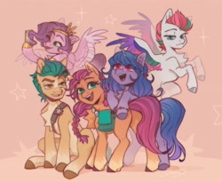 Size: 3364x2761 | Tagged: safe, artist:swoops_star, hitch trailblazer, izzy moonbow, pipp petals, sunny starscout, zipp storm, earth pony, pegasus, pony, unicorn, g5, my little pony: a new generation, spoiler:my little pony: a new generation, adorapipp, adorazipp, applejack's cutie mark, badge, bag, bracelet, braid, butt, cellphone, cheek fluff, chest fluff, coat markings, cute, female, flying, group, high res, jewelry, male, mane five, mare, one eye closed, open mouth, phone, plot, quintet, rainbow dash's cutie mark, raised eyebrow, royal sisters (g5), sheriff's badge, siblings, sisters, sitting, smiling, socks (coat markings), stallion, stars, unshorn fetlocks, wings, wink