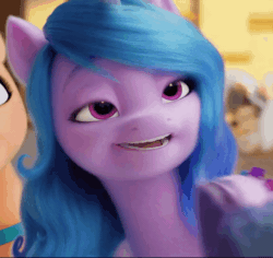 Size: 640x605 | Tagged: safe, screencap, izzy moonbow, sunny starscout, pony, unicorn, g5, my little pony: a new generation, spoiler:my little pony: a new generation, 3d, animated, cropped, female, gif, implied zipp storm, mare, pun, visual pun, zipping lips