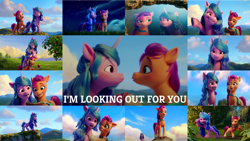 Size: 1280x721 | Tagged: safe, edit, edited screencap, editor:quoterific, screencap, izzy moonbow, sunny starscout, earth pony, pony, unicorn, g5, my little pony: a new generation, spoiler:g5, spoiler:my little pony: a new generation, 3d, apple, eye contact, female, food, looking at each other, looking out for you, mare, open mouth, tree