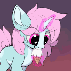Size: 700x700 | Tagged: safe, artist:luxsimx, oc, oc only, oc:scoops, pony, unicorn, animated, ear flick, ear piercing, eye shimmer, female, floppy ears, food, glowing, glowing horn, heart eyes, horn, ice cream, levitation, licking, magic, mare, mlem, piercing, silly, solo, telekinesis, tongue out, wingding eyes