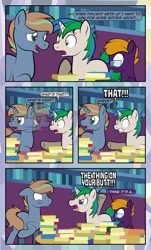 Size: 1920x3169 | Tagged: safe, artist:alexdti, oc, oc only, oc:brainstorm (alexdti), oc:purple creativity, oc:star logic, pegasus, pony, unicorn, comic:quest for friendship, blue eyes, book, comic, dialogue, female, floppy ears, glasses, green eyes, horn, looking back, male, mare, motion lines, open mouth, open smile, pegasus oc, pointing, raised hoof, shrunken pupils, smiling, speech bubble, stallion, standing, trio, two toned mane, underhoof, unicorn oc