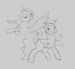 Size: 2500x2300 | Tagged: safe, artist:wownamesarehard, derpibooru exclusive, izzy moonbow, sunny starscout, alicorn, pony, g5, my little pony: a new generation, spoiler:my little pony: a new generation, cute, duo, gray background, grayscale, high res, monochrome, simple background, sketch