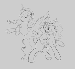 Size: 2500x2300 | Tagged: safe, artist:wownamesarehard, derpibooru exclusive, izzy moonbow, sunny starscout, alicorn, pony, g5, my little pony: a new generation, cute, duo, gray background, grayscale, high res, monochrome, simple background, sketch