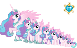 Size: 872x546 | Tagged: safe, artist:soft_angel, princess flurry heart, alicorn, pony, age progression, baby, baby pony, colored wings, crown, crystal heart, diaper, ethereal mane, ethereal tail, female, filly, filly flurry heart, gradient wings, hoof shoes, horn, jewelry, mare, older, older flurry heart, raised hoof, regalia, simple background, smiling, swaddling, tail, teenager, transparent background, wings, younger
