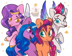 Size: 2048x1593 | Tagged: safe, artist:pineappleartz, izzy moonbow, pipp petals, sunny starscout, zipp storm, earth pony, pegasus, pony, unicorn, g5, my little pony: a new generation, spoiler:my little pony: a new generation, adorapipp, adorazipp, braid, colored pupils, cute, female, group, looking at each other, mare, open mouth, quartet, raised hoof, royal sisters (g5), siblings, simple background, sisters, smiling, stars, tongue out, unshorn fetlocks, white background, wings, wrong eye color, yellow eyes, yellow-eyed pipp