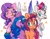 Size: 2048x1593 | Tagged: safe, artist:pineappleartz, izzy moonbow, pipp petals, sunny starscout, zipp storm, earth pony, pegasus, pony, unicorn, g5, my little pony: a new generation, adorapipp, adorazipp, braid, colored pupils, cute, female, group, looking at each other, mare, open mouth, quartet, raised hoof, royal sisters (g5), siblings, simple background, sisters, smiling, stars, tongue out, unshorn fetlocks, white background, wings, wrong eye color, yellow eyes, yellow-eyed pipp