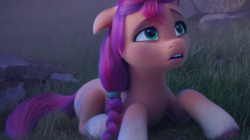 Size: 1016x569 | Tagged: safe, edit, edited screencap, editor:torpy, screencap, sunny starscout, earth pony, pony, g5, my little pony: a new generation, 3d, broken, fail, failure, female, grass, mare, one ear down, rubble