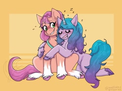 Size: 2224x1668 | Tagged: safe, artist:beffumsartworks, izzy moonbow, sunny starscout, earth pony, pony, unicorn, g5, my little pony: a new generation, blushing, female, lesbian, ship:moonscout, shipping