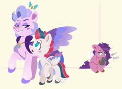 Size: 1698x1246 | Tagged: safe, artist:kiguren, pipp petals, queen haven, zipp storm, pegasus, pony, g5, my little pony: a new generation, spoiler:my little pony: a new generation, adorapipp, adorazipp, blush sticker, blushing, cellphone, crying, cute, favoritism, female, filly, filly pipp petals, filly zipp storm, grin, looking at each other, mare, mother and child, mother and daughter, no pupils, open mouth, phone, raised eyebrow, raised hoof, royal sisters (g5), sad, siblings, sisters, sitting, smiling, spread wings, trio, wings, younger