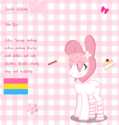 Size: 1561x1640 | Tagged: safe, artist:soft_angel, oc, oc only, oc:sweetie melody, earth pony, pony, animal costume, blushing, bow, bunny costume, bunny ears, bunny tail, cake, chalk, choker, clothes, costume, curly hair, curly mane, cute, female, flower, food, my melody, pansexual pride flag, paws, pink mane, pride, pride flag, sanrio, socks, striped socks, tail