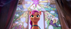 Size: 1920x800 | Tagged: safe, screencap, sunny starscout, earth pony, pony, g5, my little pony: a new generation, spoiler:my little pony: a new generation, 3d, female, mare, stained glass, zephyr heights, zephyr heights terminal