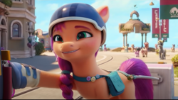 Size: 972x548 | Tagged: safe, screencap, sunny starscout, earth pony, pony, g5, my little pony: a new generation, 3d, cropped, female, gonna be my day, happy, helmet, mare, smiling, solo