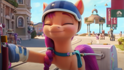 Size: 967x545 | Tagged: safe, screencap, sunny starscout, earth pony, pony, g5, my little pony: a new generation, spoiler:my little pony: a new generation, cropped, cute, eyes closed, gonna be my day, happy, helmet, roller skates, smiling, solo, sunnybetes