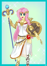 Size: 1600x2222 | Tagged: safe, artist:lennondash, fluttershy, equestria girls, g4, clothes, cosplay, costume, crossover, crown, dress, female, jewelry, kid icarus, open mouth, out of frame, palutena, regalia, shield, solo, strapless