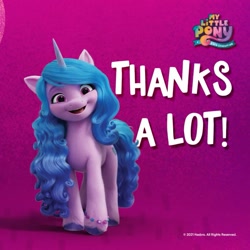 Size: 1259x1259 | Tagged: safe, izzy moonbow, pony, unicorn, g5, female, looking at you, mare, open mouth, open smile, smiling, smiling at you, solo, thanks, touchnote