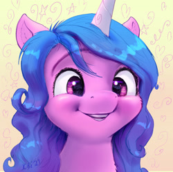 Size: 1771x1767 | Tagged: safe, artist:xbi, izzy moonbow, pony, unicorn, g5, my little pony: a new generation, spoiler:my little pony: a new generation, abstract background, bust, cheek fluff, cute, ear fluff, female, izzybetes, mare, neck fluff, open mouth, portrait, reflection, smiling, solo