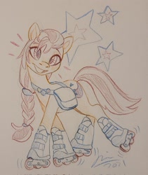 Size: 1727x2048 | Tagged: safe, artist:creeate97, sunny starscout, earth pony, pony, g5, my little pony: a new generation, bag, colored pencil drawing, female, mare, pin, roller skates, rollerblades, saddle bag, simple background, skates, solo, traditional art, white background
