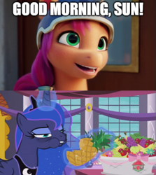Size: 609x683 | Tagged: safe, edit, edited screencap, screencap, princess luna, sunny starscout, alicorn, earth pony, pony, a royal problem, g4, g5, my little pony: a new generation, spoiler:my little pony: a new generation, 3d, apple, bags under eyes, banana, caption, crown, eating, female, folded wings, food, fruit, glowing, glowing horn, gonna be my day, grapes, green eyes, herbivore, horn, image macro, jewelry, lidded eyes, lip bite, luna is not amused, magic, mare, open mouth, open smile, peytral, pineapple, puffy cheeks, regalia, smiling, telekinesis, text, tired, unamused, wings