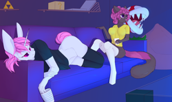 Size: 4200x2500 | Tagged: source needed, useless source url, safe, artist:chapaevv, oc, oc only, oc:kat (& rudy), oc:purpleflare, cat, unicorn, anthro, beanbag, bottomless, clothes, couch, cup, feline, female, femboy, furry, glass table, horn, male, partial nudity, pink eyes, pink hair, piranha plant, socks, tail, tailmouth, thigh highs, triforce, two toned mane, two toned tail, unicorn oc, white coat