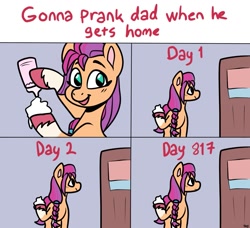 Size: 1055x964 | Tagged: safe, artist:atomivaras, sunny starscout, earth pony, pony, g5, my little pony: a new generation, spoiler:my little pony: a new generation, 4 panel comic, abandonment, blushing, braid, comic, dad went to get milk, dark comedy, door, female, food, hoof hold, implied argyle starshine, implied death, looking at you, mare, meme, oh no, open mouth, open smile, ponified meme, prank, sad, smiling, smiling at you, solo, standing, the implications are horrible, too soon, unshorn fetlocks, waiting, we are going to hell, whipped cream
