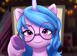 Size: 3106x2247 | Tagged: safe, artist:maren, izzy moonbow, pony, unicorn, g5, my little pony: a new generation, spoiler:my little pony: a new generation, adjusting glasses, blurry background, bust, cute, female, fit right in (g5), front view, full face view, glasses, high res, izzybetes, looking at you, mare, portrait, round glasses, scene interpretation, smiling, solo, underhoof, unshorn fetlocks
