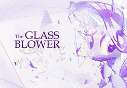 Size: 1000x692 | Tagged: safe, artist:akurion, rarity, pony, unicorn, fanfic:the glass blower, g4, abstract, abstract art, abstract background, big eyes, bust, fanfic, fanfic art, fanfic cover, female, glass, horn, looking at you, mare, modern art, portrait, shattered glass, solo, text, triangle