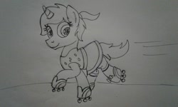 Size: 2048x1229 | Tagged: safe, artist:peternators, oc, oc:heroic armour, pony, unicorn, clothes, colt, crossdressing, eyelashes, fake eyelashes, male, monochrome, ponytail, roller skates, shirt, shoes, sketch, skirt, smiling, socks, solo, sweatband, teenager, traditional art