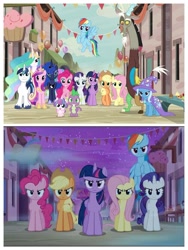 Size: 845x1126 | Tagged: safe, edit, edited screencap, screencap, applejack, discord, fluttershy, pinkie pie, princess cadance, princess celestia, princess flurry heart, princess luna, rainbow dash, rarity, shining armor, spike, trixie, twilight sparkle, alicorn, draconequus, dragon, earth pony, pegasus, pony, unicorn, g4, season 6, to where and back again, evil applejack, evil fluttershy, evil mane six, evil pinkie pie, evil rainbow dash, evil rarity, evil twilight, mane six, twilight sparkle (alicorn)