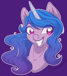 Size: 792x900 | Tagged: safe, artist:littlehybridshila, izzy moonbow, pony, unicorn, g5, bust, female, portrait, simple background, smiling, solo