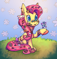 Size: 1194x1237 | Tagged: safe, artist:redapplesnap, fluttershy, butterfly, pegasus, pony, g4, :o, amazed, bandaid, bandaid on nose, bow, bracelet, chest fluff, ear piercing, eye reflection, female, flower, folded wings, friendship bracelet, grass, hair accessory, hairpin, jewelry, looking at something, mare, open mouth, outdoors, piercing, raised hoof, reflection, sitting, solo, sticker, tail, tail accessory, tail bow, three quarter view, unshorn fetlocks, wings