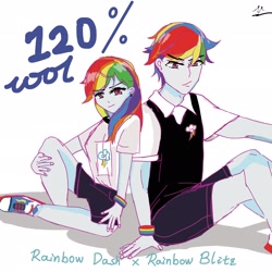 Size: 2048x2048 | Tagged: safe, artist:uuuceh, rainbow dash, equestria girls, g4, clothes, converse, duo, female, high res, male, r63 paradox, rainbow blitz, rule 63, self ponidox, selfcest, ship:dashblitz, shipping, shoes, shorts, simple background, straight, white background