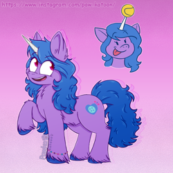 Size: 1200x1200 | Tagged: safe, artist:pawkatoon, izzy moonbow, pony, unicorn, g5, my little pony: a new generation, ball, beady eyes, female, gradient background, horn, hornball, izzy's tennis ball, open mouth, open smile, smiling, solo, tennis ball, tongue out