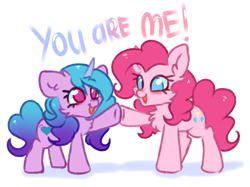 Size: 2064x1540 | Tagged: safe, artist:pesty_skillengton, izzy moonbow, pinkie pie, earth pony, pony, unicorn, g4, g5, my little pony: a new generation, spoiler:my little pony: a new generation, cheek fluff, chest fluff, chibi, cute, duo, ear fluff, female, izzy and her heroine, mare, no pupils, open mouth, pointing, simple background, smiling, the new pinkie pie, white background