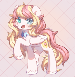 Size: 1423x1470 | Tagged: safe, artist:cherrnichka, oc, oc only, oc:ninny, pegasus, pony, bowtie, female, folded wings, heterochromia, looking at you, mare, open mouth, raised hoof, signature, simple background, solo, unshorn fetlocks, wings