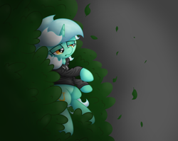 Size: 3793x3019 | Tagged: safe, artist:background basset, lyra heartstrings, pony, unicorn, g4, bush, clothes, depressed, dig the swell hoodie, gray background, high res, hoodie, simple background, solo