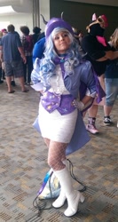 Size: 369x693 | Tagged: safe, artist:donnyku, artist:mieucosplay, trixie, human, bronycon, bronycon 2014, g4, boots, cape, clothes, cosplay, costume, cropped, hand on hip, hat, high heel boots, irl, irl human, photo, shoes, trixie's cape, trixie's hat