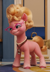 Size: 455x650 | Tagged: safe, screencap, phyllis cloverleaf, g5, my little pony: a new generation, spoiler:my little pony: a new generation, 3d, bedroom eyes, colored hooves, curly hair, ear piercing, earring, eyebrows, female, glasses, jewelry, mare, missing cutie mark, necklace, piercing, solo, unshorn fetlocks, younger