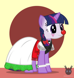 Size: 838x882 | Tagged: safe, artist:wheatley r.h., derpibooru exclusive, oc, oc only, oc:twi clown, pony, unicorn, g4, bow, bowtie, clone, clothes, clown, clown makeup, cuffs (clothes), female, happy, mare, mexican, mexico, regional suit, simple background, solo, spanish description, vector, watermark