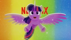 Size: 700x394 | Tagged: safe, screencap, twilight sparkle, alicorn, pony, g5, my little pony: a new generation, spoiler:my little pony: a new generation, flying at you, netflix, netflix logo, solo, twilight sparkle (alicorn)