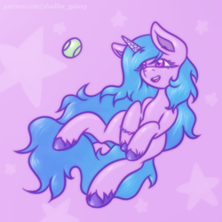 Size: 1500x1500 | Tagged: safe, artist:shad0w-galaxy, izzy moonbow, pony, unicorn, g5, my little pony: a new generation, ball, female, hooves, horn, izzy's tennis ball, long mane, mare, open mouth, simple background, smiling, solo, tennis ball