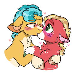 Size: 1581x1530 | Tagged: safe, artist:moccabliss, hitch trailblazer, sprout cloverleaf, earth pony, pony, g5, my little pony: a new generation, blaze (coat marking), blushing, coat markings, cute, facial markings, gay, heart, heart eyes, kiss on the lips, kissing, male, ship:clovertrail, shipping, simple background, socks (coat markings), stallion, stallion on stallion, white background, wingding eyes