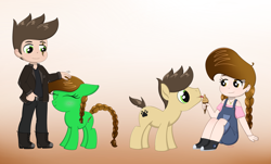 Size: 2817x1707 | Tagged: safe, artist:dyonys, oc, oc only, oc:lucky brush, oc:night chaser, human, pony, chibi, clothes, cute, female, food, ice cream, male, mare, mlem, petting, silly, stallion, tongue out