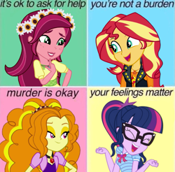 Size: 829x815 | Tagged: safe, adagio dazzle, gloriosa daisy, sci-twi, sunset shimmer, twilight sparkle, human, equestria girls, g4, my little pony equestria girls: better together, my little pony equestria girls: legend of everfree, my little pony equestria girls: rainbow rocks, dissonant caption, eyes closed, female, lidded eyes, meme, murder is okay, one of these things is not like the others, open mouth, open smile, political compass, smiling, text