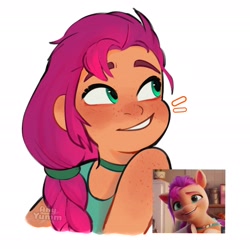 Size: 2048x2042 | Tagged: safe, artist:anyyumm, sunny starscout, human, g5, my little pony: a new generation, spoiler:my little pony: a new generation, bust, cute, female, freckles, high res, humanized, screencap reference, shoulder freckles, simple background, sleeveless, smiling, solo, sunnybetes, tan skin, white background
