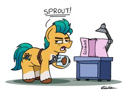 Size: 2092x1540 | Tagged: safe, artist:bobthedalek, hitch trailblazer, earth pony, pony, g5, my little pony: a new generation, spoiler:g5, spoiler:my little pony: a new generation, blaze (coat marking), coat markings, crumbs, donut, facial markings, food, hitch trailblazer is not amused, implied sprout cloverleaf, inconvenient sprout, male, moral event horizon, mug, socks (coat markings), stallion, that pony sure does love donuts, unamused