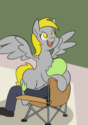 Size: 1000x1414 | Tagged: safe, artist:happy harvey, derpy hooves, oc, oc:anon, human, pegasus, pony, g4, chair, chest fluff, female, happy, holding, holding a pony, lawn chair, male, open mouth, phone drawing, ponified animal photo, sitting, sitting on person, smiling, spread wings, wings