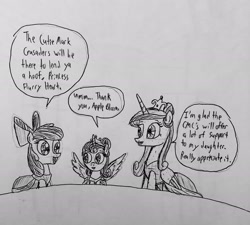 Size: 2048x1840 | Tagged: safe, artist:nstephen1991, apple bloom, princess cadance, princess flurry heart, alicorn, earth pony, pony, g4, female, filly, mare, speech bubble, traditional art